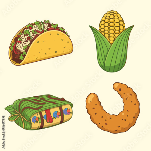 Delicious and vibrant Mexican food icons featuring a loaded taco, corn on the cob, tamale, and churro for culinary inspiration.