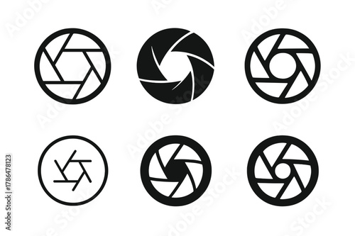 Digital Camera Logos. Digital cameras. Set Logo of Digital cameras: aperture blades forming iris in lens. Icon set. harmonious logo variations of the same