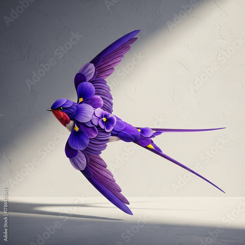 Surreal art of a flying swallow, its feathers intricately crafted from purple pansy petals. A creative concept of nature's beauty, imagination, freedom, and the delicate transformation of spring.