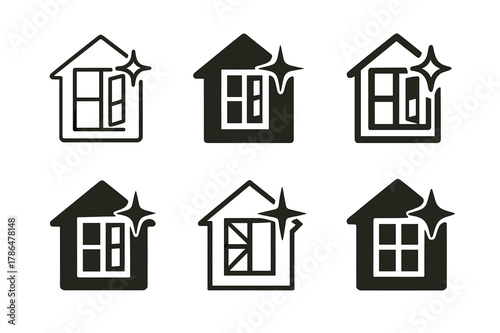 Energy-Efficient Window Logos. Home renovation and remodeling. Set Logo of Home renovation and remodeling: window replacement with energy-efficient star. Icon