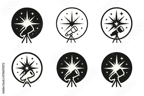 Space Telescope Logos. space telescopes. Set Logo of space telescopes: deep-field starburst within aperture ring. Icon set. harmonious logo variations of the