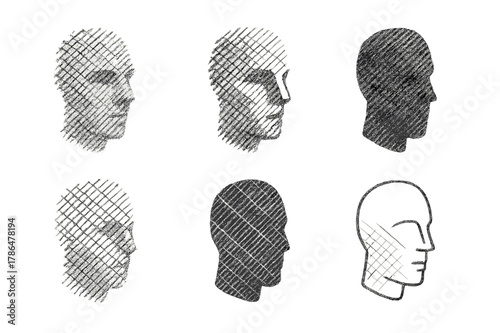 Harmonious Logo Variations. Creating a pencil sketch for a portrait. Set Logo of cross-hatching: hatch strokes forming a face. Icon set. harmonious logo