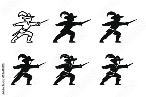 Dramatic Sword Logos. An actor performing a dramatic sword fight on stage. Set Logo of An actor performing a dramatic sword fight on stage: plume hat and sword