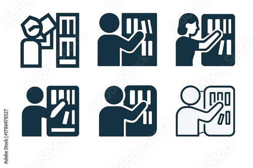 Librarians Logo Variations. Librarians organizing books and resources. Icon set. Set Logo of Librarians organizing books and resources: digital catalog