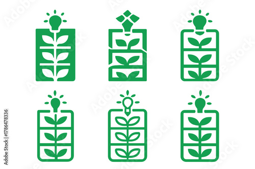 Innovative Climate Logos. Innovative solutions for climate change. Icon set. Set Logo of innovative solutions for climate change: vertical farming system.