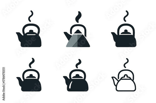 Kettle Logo Variations. Morning wake-up. Set Logo of Morning wake-up: kettle with rising steam. Icon set. harmonious logo variations of the same emblematic