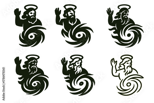 God of Wind Logos. A god controlling the winds and the storms. Set Logo of A god controlling the winds and the storms: hurricane spiral with haloed eye. Icon