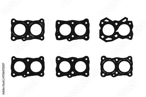Gasket Logo Variations. Worn-out gasket or seal. Icon set. Set Logo of worn-out gasket or seal: flattened head gasket imprint. harmonious logo variations of