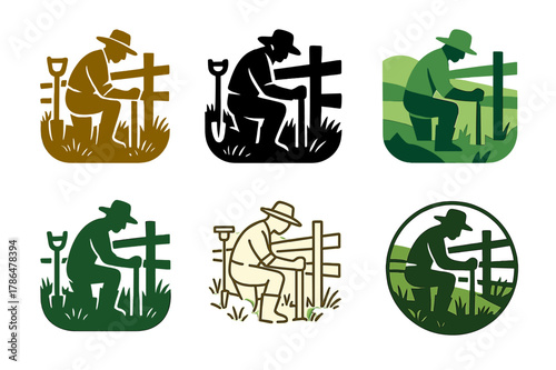 Farmer Fence Logos. A farmer repairing a wooden fence in a field. Set Logo of A farmer repairing a wooden fence in a field: post hole digger beside new fence