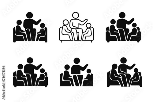 Family Storytelling Logos. Telling family stories at a gathering. Set Logo of Telling family stories at a gathering: storyteller on sofa with children. Icon