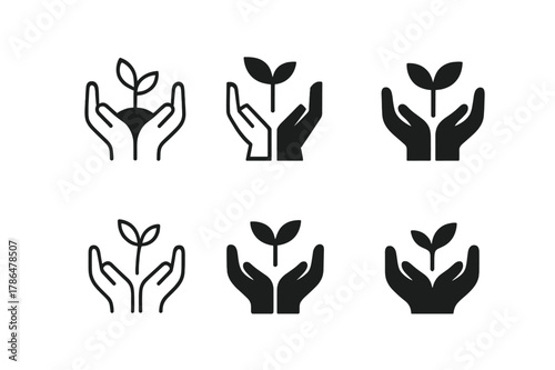 Social Impact Logos. Social impact startups. Set Logo of Social impact startups: hands holding sprout. Icon set. harmonious logo variations of the same