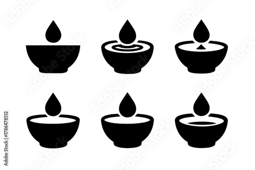 Droplet Dye Design. Bowl with hair dye. Set Logo of droplet falling into dye bowl: Negative space, Filled silhouette, Minimal outline, Symmetrical form, Flat