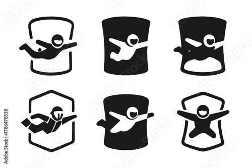 Indoor Skydiving Logo Set. Indoor skydiving in specialized wind tunnels. Icon set. Set Logo of Indoor skydiving in specialized wind tunnels: hovering pose with