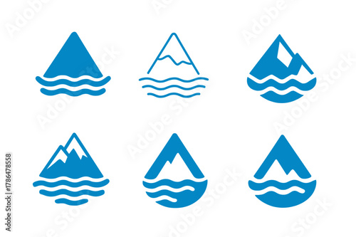 Melting Glaciers Icons. Melting glaciers. Icon set. Set Logo of melting glaciers: ice mountain dissolving into waves. harmonious logo variations of the same