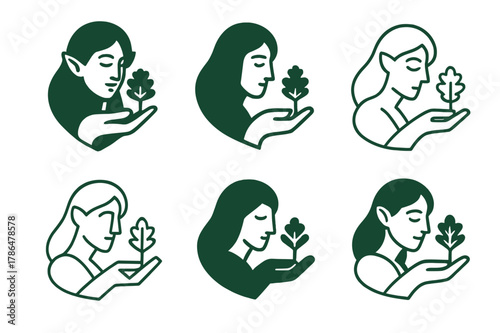 Forest Spirit Emblem. A forest spirit guarding an ancient oak tree. Set Logo of a forest spirit guarding an ancient oak tree: hand of spirit cradling oak