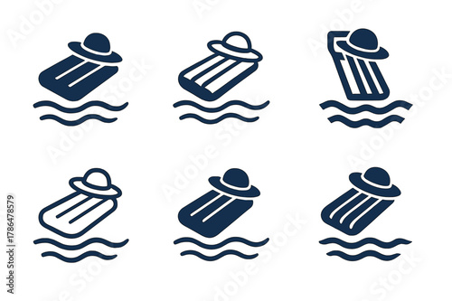 Inflatable Lounger Logos. Floating on an inflatable. Set Logo of Floating on an inflatable: inflatable lounger drifting with sun hat and waves. Icon set.
