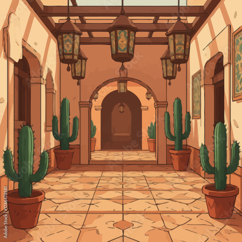 Captivating Southwestern courtyard design with potted cacti and ornate lanterns offers a warm, inviting ambiance for travel and lifestyle projects.