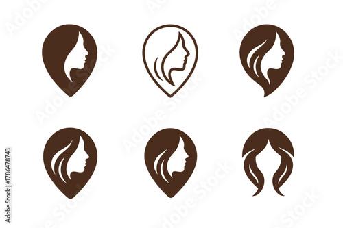 Hair Mask Logos. Hair treatment mask. Set Logo of hair treatment mask: head silhouette with flowing hair. Icon set. harmonious logo variations of the same