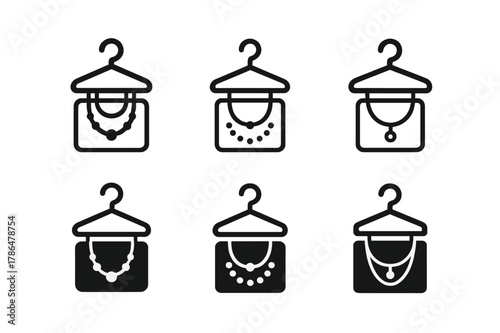 Jewelry Organizer Icons. Organizing jewelry in a drawer organizer. Icon set. Set Logo of Organizing jewelry in a drawer organizer: necklace hanger. harmonious