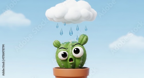 Cartoon cactus with worried expression standing in a pot as a rain cloud pours water on it. Cute character design. Climate change.