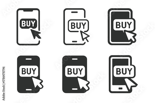 Shopping Logo Variations. Online shopping. Set Logo of online shopping: smartphone with buy button. Icon set. harmonious logo variations of the same emblematic