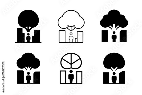 Urban Design Emblems. Barriers and solutions in urban design. Set Logo of Barriers and solutions in urban design: tree canopy over pedestrian plaza. Icon set.