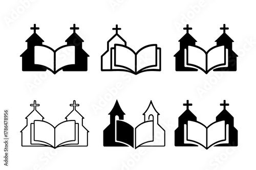 Ecumenical Logo Variations. The history of Christian ecumenical movements. Icon set. Set Logo of ecumenism: open Bible linking two churches. harmonious logo