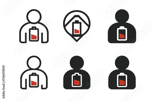 Remote Leadership Logos. Remote leadership challenges. Set Logo of remote leadership challenges: burnout battery gauge at red. Icon set. harmonious logo