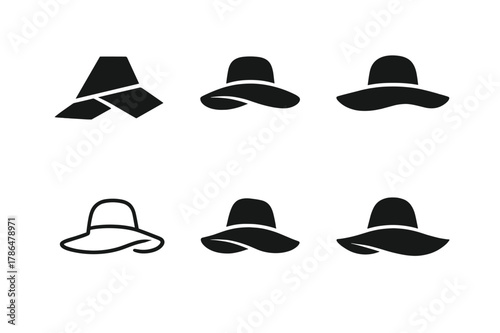 Fashion Icon Logos. Fashion-forward looks. Icon set. Set Logo of Fashion-forward looks: wide-brim hat. harmonious logo variations of the same emblematic