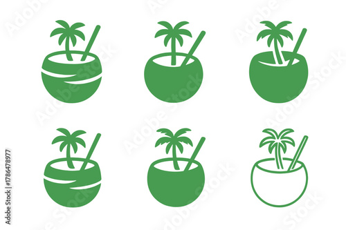 Tropical Palm Logo Designs. Tropical palm tree decor for summer events. Set Logo of Tropical palm tree decor for summer events: coconut drink with palm