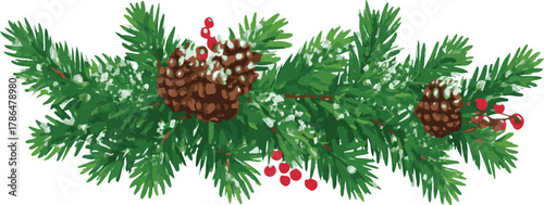 Horizontal Christmas garland with snowy fir branches, pine cones, and holly berries. Festive winter decoration perfect for seasonal banners, greeting cards, invitations, and holiday posters. Vector