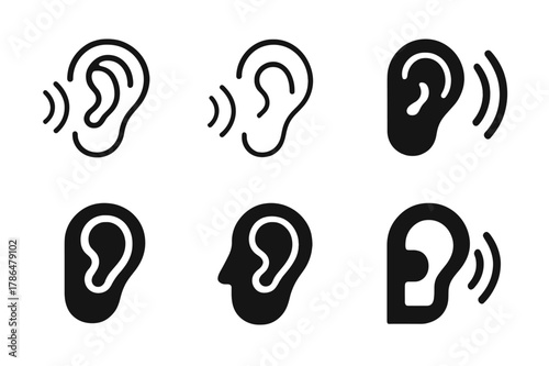 Sound Creation Icons. How sound is made. Icon set. Set Logo of How sound is made: ear detecting sound vibration. harmonious logo variations of the same