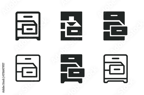 Versatile Storage Icons. Customizable home storage solutions. Icon set. Set Logo of customizable home storage solutions: sliding drawer unit. harmonious logo