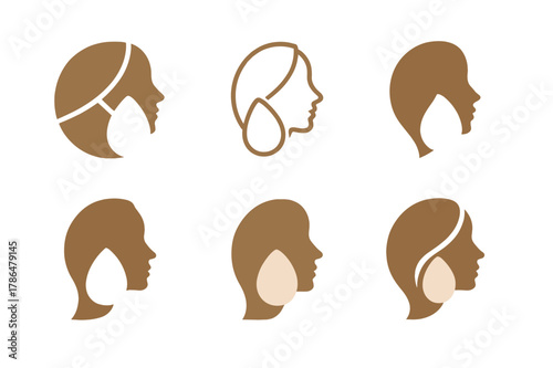 Airbrush Finish Logos. Beauty blender and foundation. Set Logo of airbrush finish: soft-focus face silhouette with blender mark. Icon set. harmonious logo