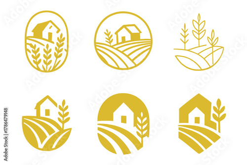 Golden Wheat Logos. A field of golden wheat swaying in the breeze. Set Logo of a field of golden wheat swaying in the breeze: farmhouse and field vignette.