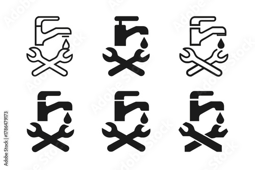 Kitchen Faucet Icons. Fixing a leaky faucet in the kitchen. Icon set. Set Logo of Fixing a leaky faucet in the kitchen: water valve handle. harmonious logo