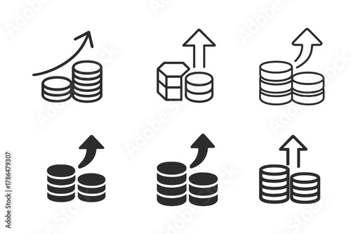 Debt Repayment Logos. Paying off debts and credit obligations. Set Logo of debt repayment: stack of coins with rising arrow. Icon set. harmonious