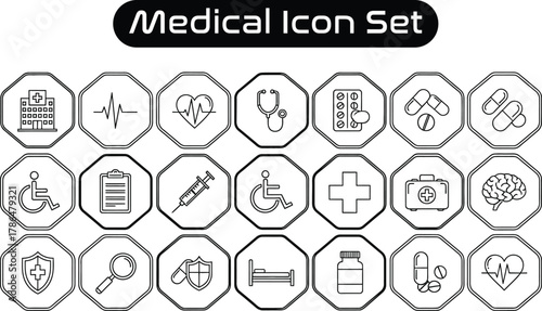 Medical Icon Set Vector Line Style Healthcare Symbols Hospital Equipment Treatment Health Elements Diagnosis First Aid Sign Doctor Tools