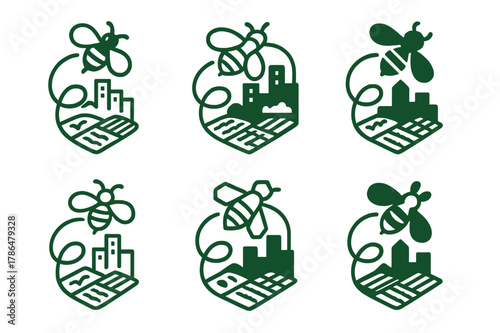 Suburban Beekeeping Logos. Suburban beekeeping with urban landscapes. Set Logo of Suburban beekeeping with urban landscapes: bee flight path looping through