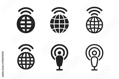 Podcast Globe Icons. The rise of podcasts and their cultural impact. Set Logo of globe with broadcast arcs: Filled silhouette, Stylized detail, Iconic shape,