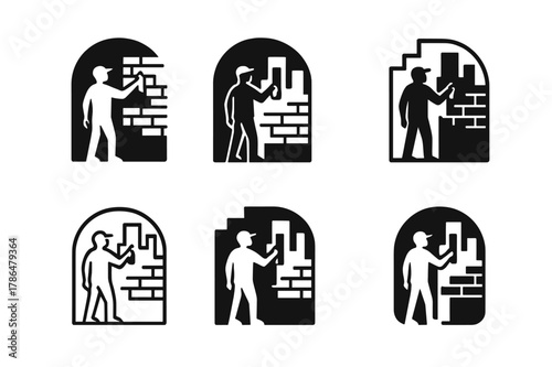 Street Art Logos. Street artist working on artwork. Set Logo of Street artist working on artwork: wall mural with urban skyline. Icon set. harmonious logo