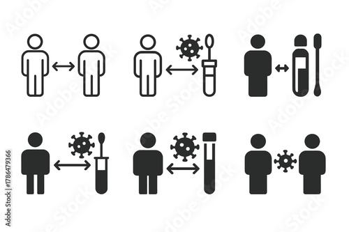 COVID- Logo Set. Social distancing and COVID--related imagery. Set Logo of Social distancing and COVID--related imagery: PCR test swab and tube. Icon set.