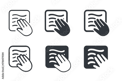 Rug Straightening Icons. Straightening a rug. Set Logo of straightening a rug: hand smoothing fabric fibers. Icon set. harmonious logo variations of the same