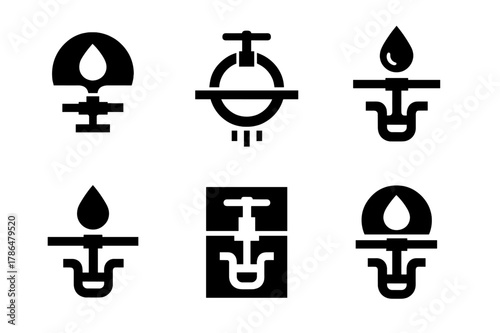 Water Main Icons. Main water line shutoff. Set Logo of underground water main symbol: Negative space, Stylized detail, Flat solid, Abstract geometric, Iconic
