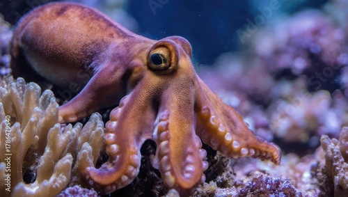 Fototapeta Naklejka Na Ścianę i Meble -  Close-up of a curious octopus exploring a vibrant coral reef ecosystem.