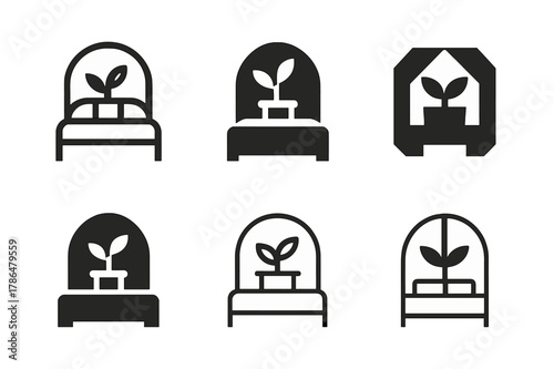 Cozy Bedroom Logos. Cozy bedroom vibes. Icon set. Set Logo of Cozy bedroom vibes: houseplant in pot. harmonious logo variations of the same emblematic concept,