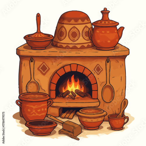 Traditional clay oven with vibrant fire and rustic pottery, evoking warmth, heritage, and artisanal cooking for culinary inspiration.
