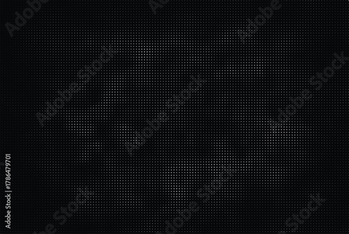 Dark halftone vector texture background. Solid black tight grid subtle fading distressed gradient effect.
