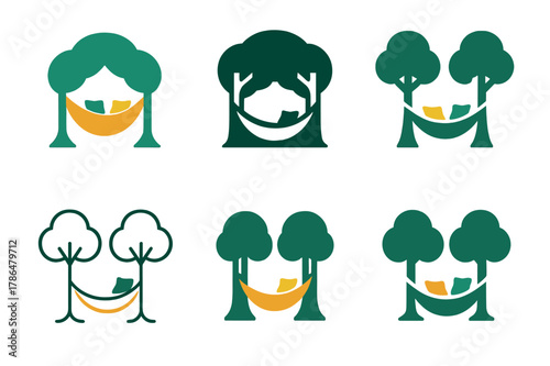 Hammock Logo Variations. Adding colorful outdoor cushions and throws to a garden seating area. Set Logo of hammock lounge: hammock with two pillows between