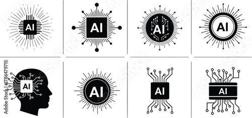 Sophisticated AI Logo Set Design Artificial Intelligence Technology Brainpower Concept Innovation High Tech Development Central Processor Unit Rays Icon
